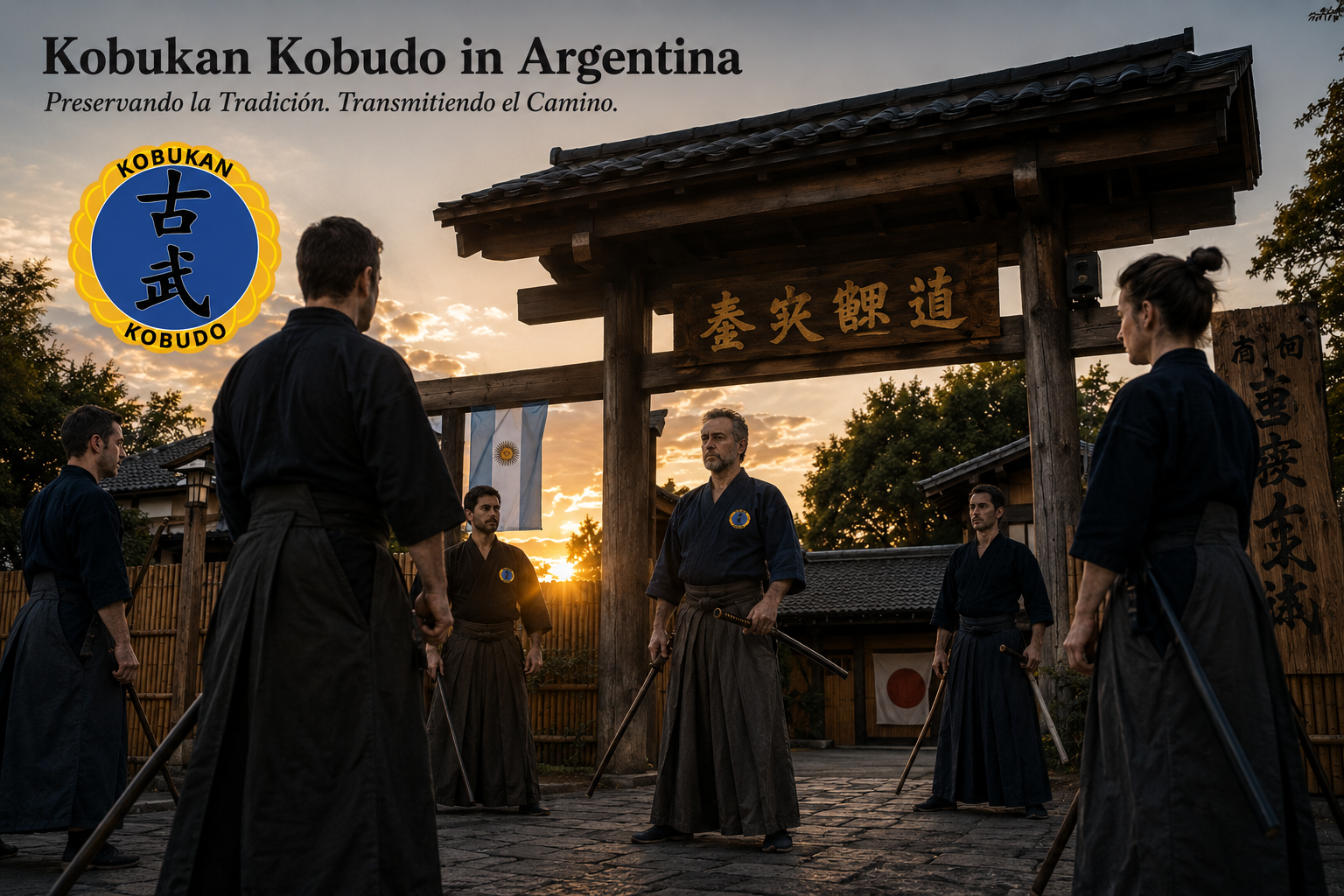 Practicante de Kobukan Kobudo realizando una técnica de Jūjutsu con un bō (bastón largo) en un entorno de dōjō tradicional.