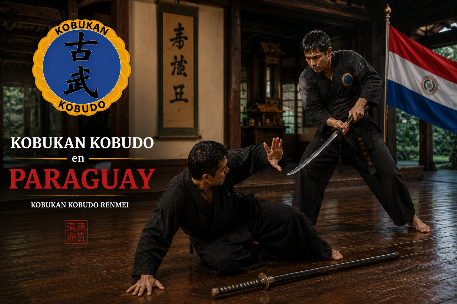 Instructor de Kobukan Kobudō ejecutando una técnica de Jūjutsu con un fondo que evoca la cultura japonesa y paraguaya.