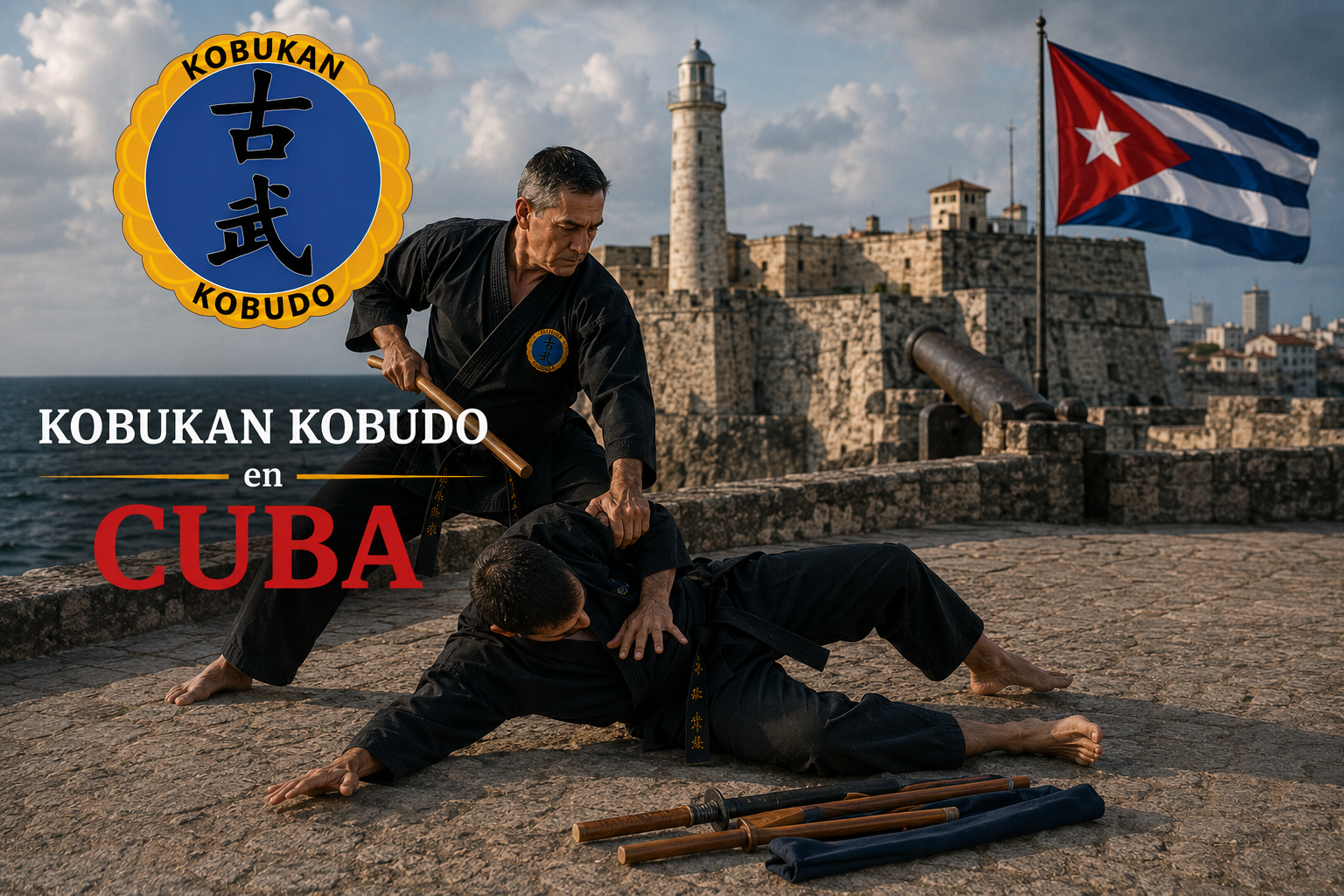 Kancho James Wright, fundador de Kobukan Kobudo Renmei, demostrando una técnica de Jūjutsu con un bokken.
